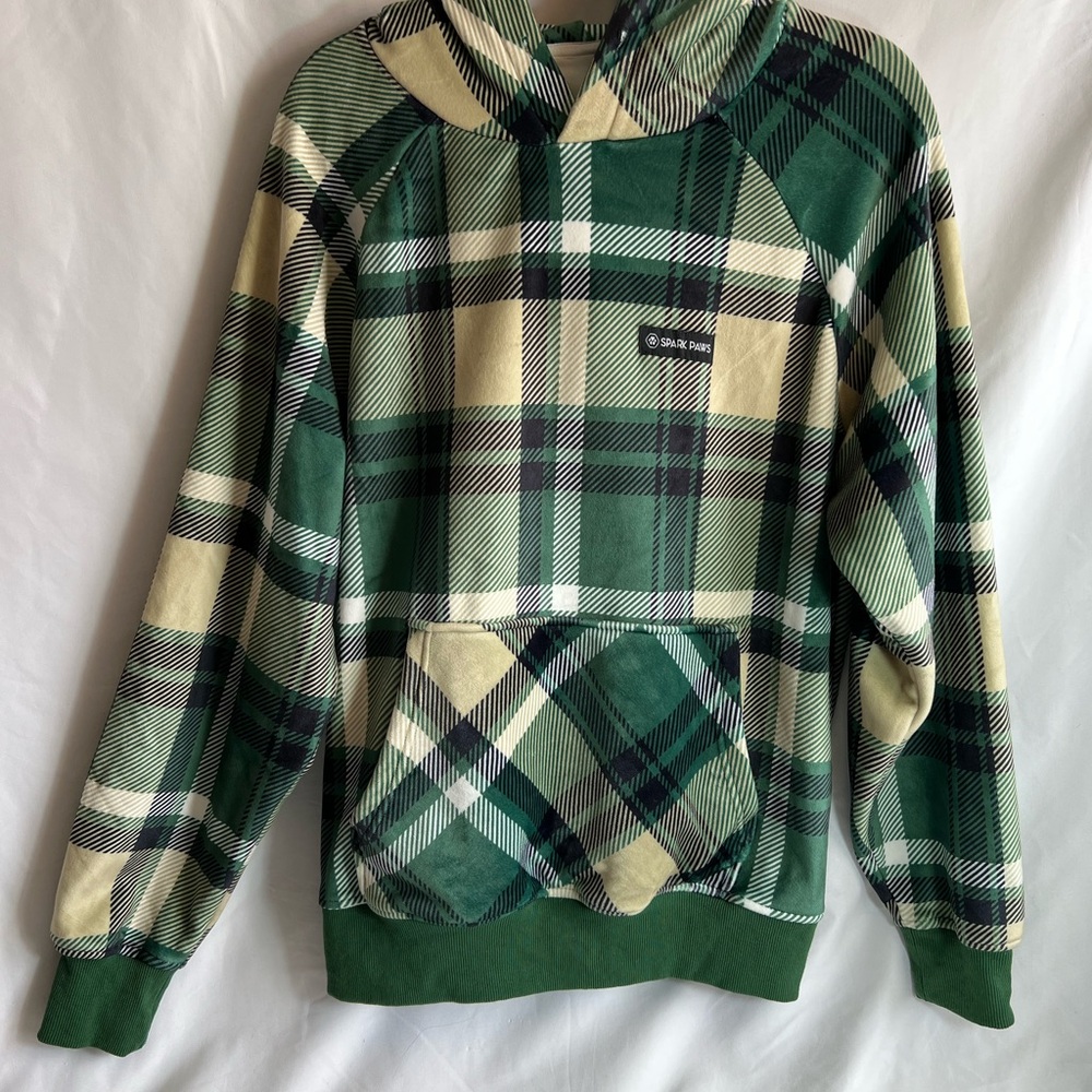 Spark Paws unisex Pullover Hoodie size Large  Long Sleeve Green Plaid